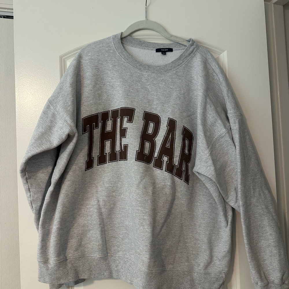 The Bar — Gray Crewneck Sweater with Brown Lettering